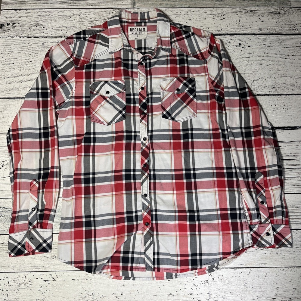 Reclaim Athletic Long Sleeve‎ Red Plaid Pearl Snap Shirt Men's L Westerncore